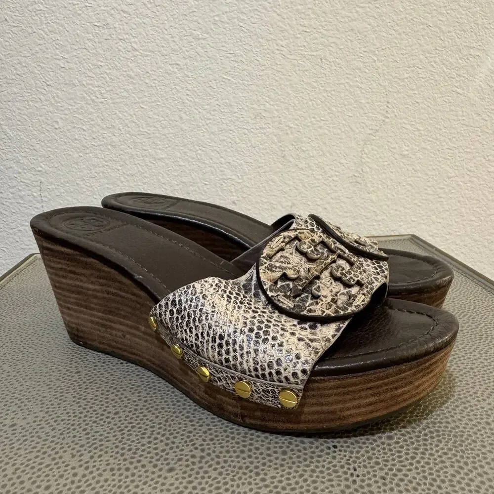Tory Burch Patti Snakeskin Leather Platform Wedge Slide Sandals Size 8.5 M